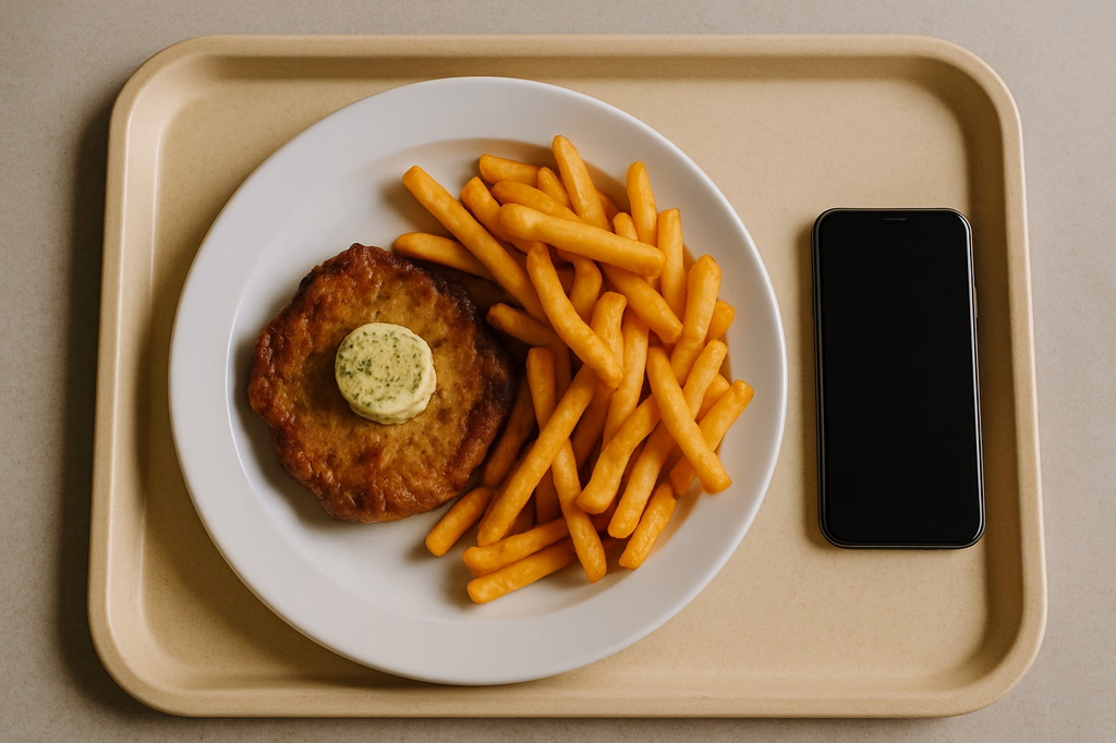 Schweinekammsteak mit Kräuterbutter dazu Super Crunch Pommes frites (AI Generated)