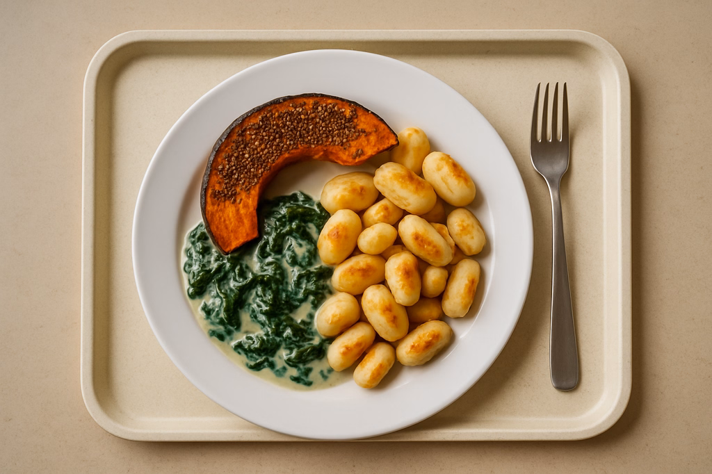 Gebackener Kürbis Chiasamenröstling mit Blattspinat in Rahm Gnocchi aus der Pfanne (AI Generated)