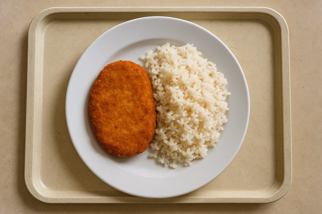 Gebackenes Gemüseschnitzel, dazu Reis (AI Generated)