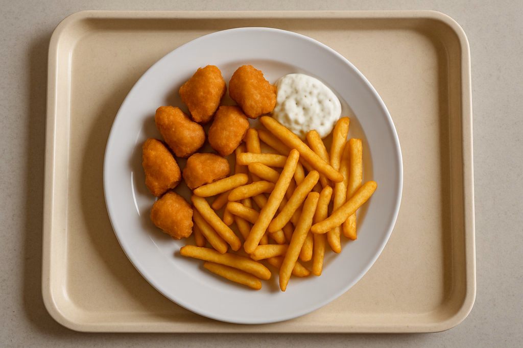 Backfischhappen mit hausgemachtem Kräuter Knoblauchdip Super Crunch Pommes frites (AI Generated)