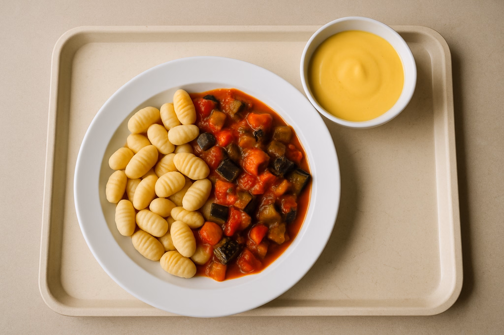 mensaVital: Vegane Gnocchi mit Ratatouille-Gemüse dazu Veganer Mangojoghurt (AI Generated)