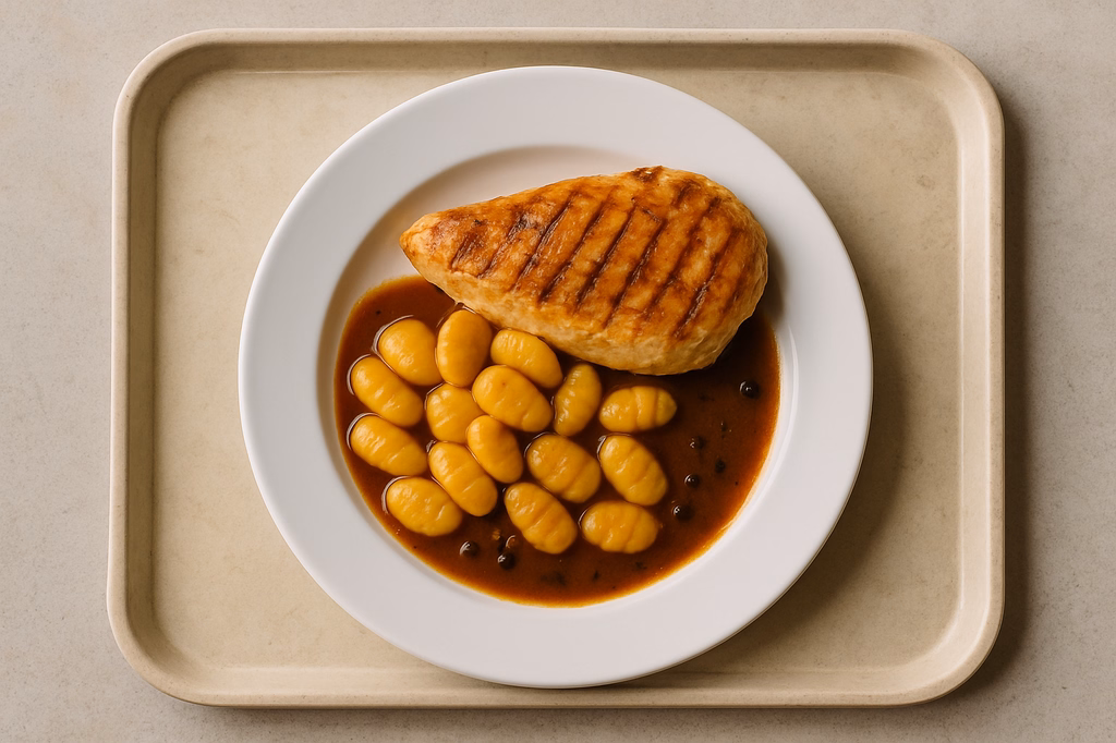 Gegrilltes frisches Maishähnchenbrustfilet mit Pfeffer Portweinsoße und Kartoffelgnocchi (AI Generated)