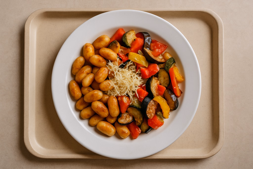 Kartoffelgnocchi aus der Pfanne mit Mediterran Grillgemüse veganer Reibkäse (AI Generated)
