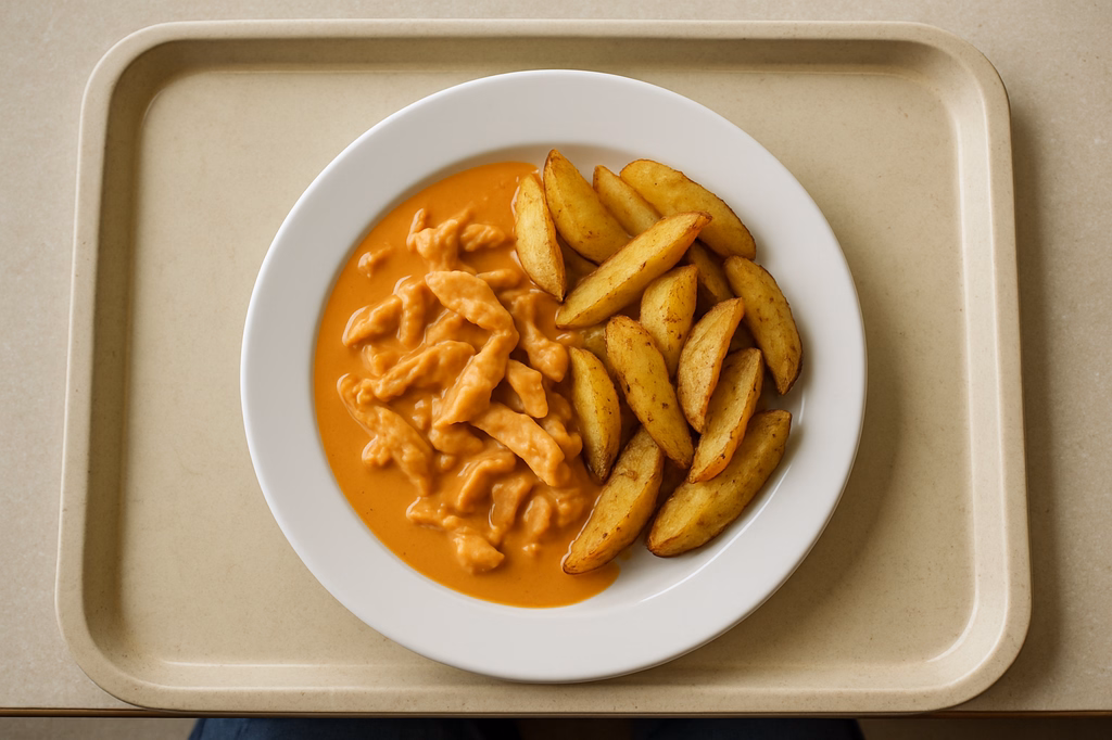 Geschnetzeltes von der Hähnchenbrust Erdnusssoße gebackene Patatas (AI Generated)