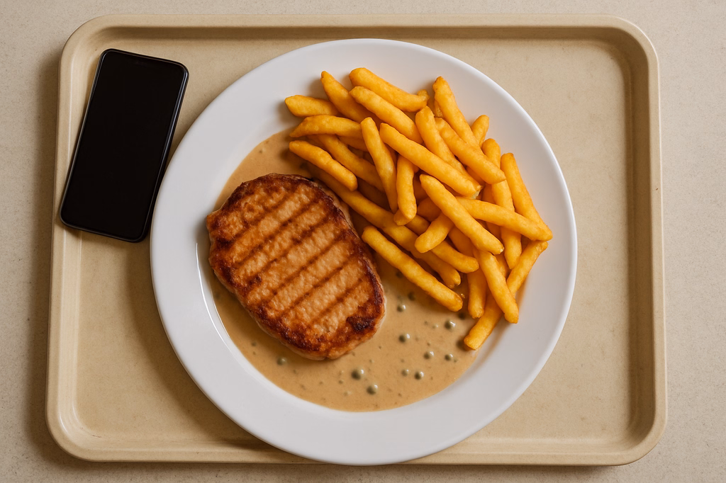 Schweinerückensteak vom Grill mit Super Crunch Pommes frites Pfefferrahmsoße (AI Generated)