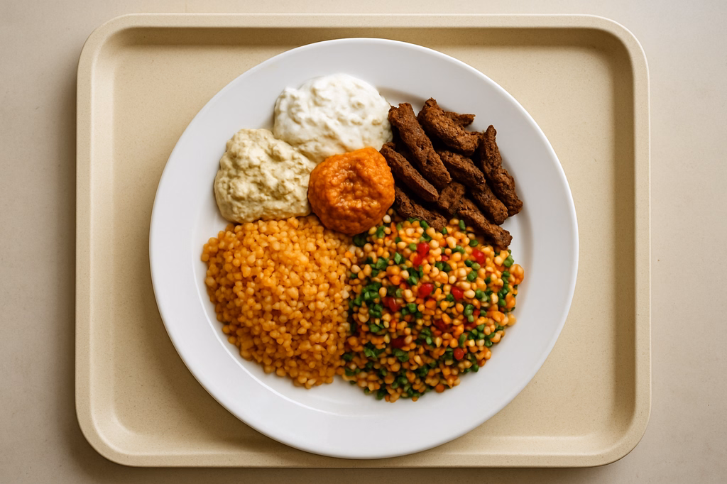 "Hatayli Mezze" orientalischer Vorspeisenteller Bulgur rote Linsen Salat mit Berberitze Planted Kebab (AI Generated)