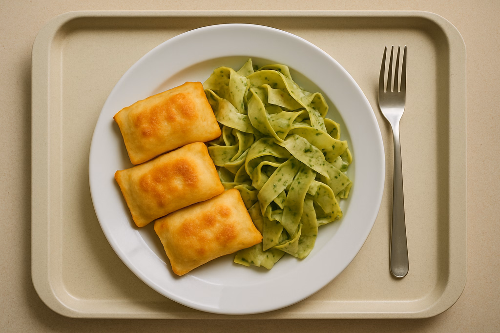 Kartoffeltaschen gefüllt mit Tomaten & Mozzarella dazu Bärlauch Pappardelle (AI Generated)