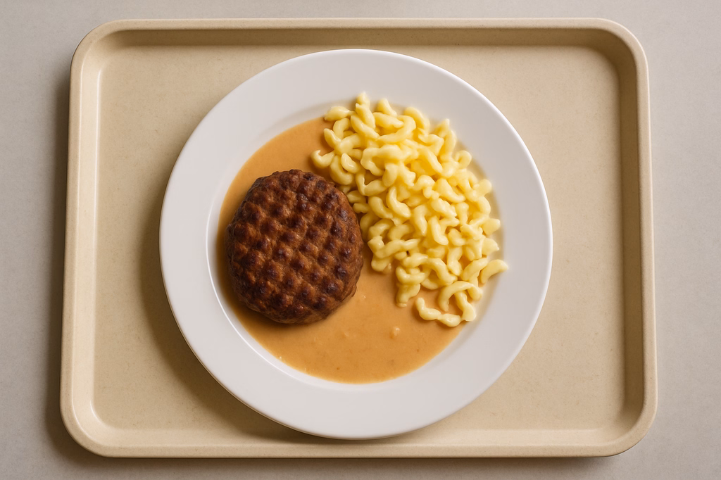 Gegrilltes Hacksteak, dazu Rahmsoße Eierknöpfle (AI Generated)
