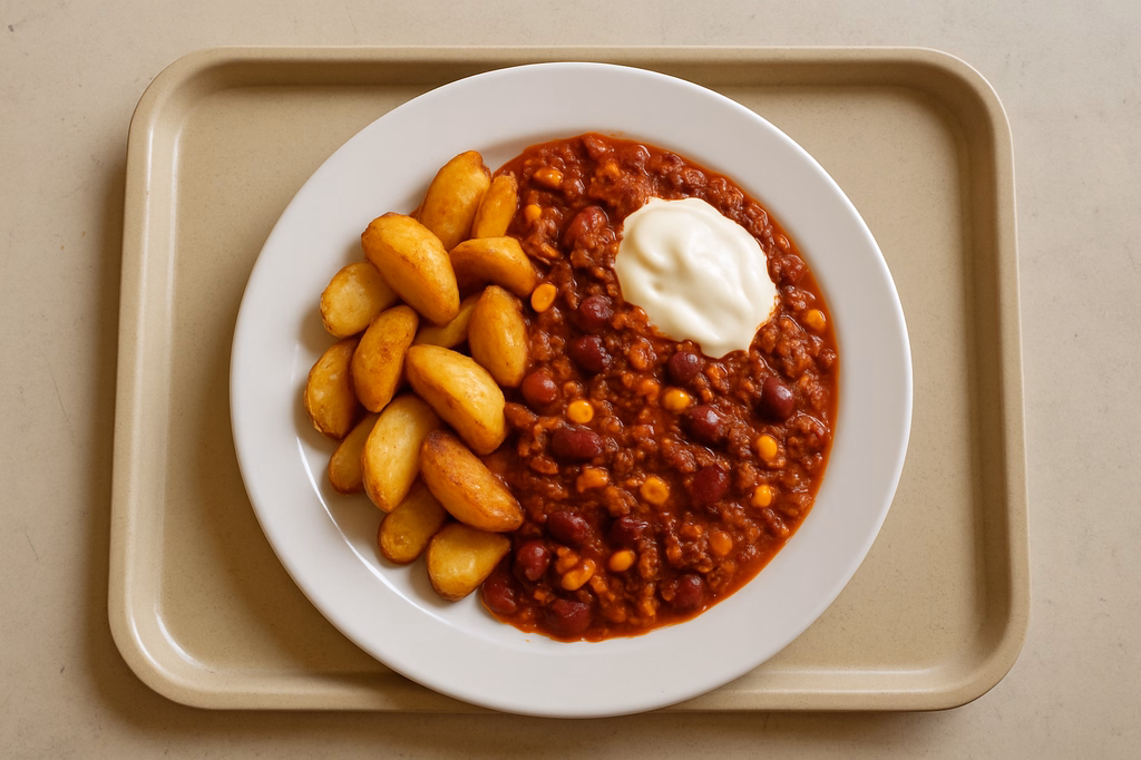 Chili con Carne aus reinem frischem Rinderhack mit Tabasco & Sour Cream und Patatas (AI Generated)