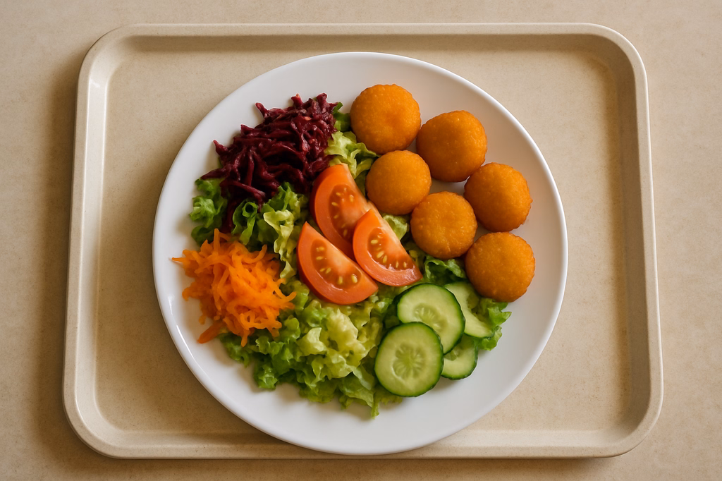 Große bunte saisonal frische Marktsalate mit mit gebackenen Gouda-Nuggets (AI Generated)