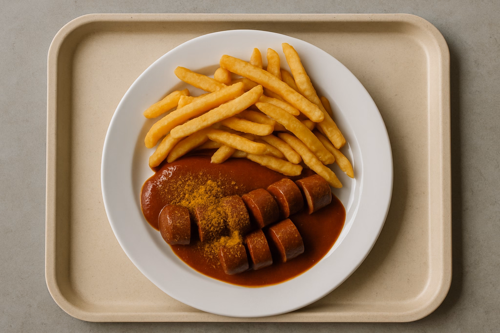 Vegane Currywurst mit C Super Crunch Pommes frites (AI Generated)