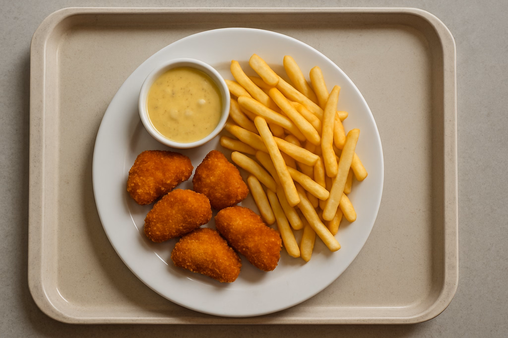 Crunchy Chicken mit Curry - Ananasdip Super Crunch Pommes frites (AI Generated)