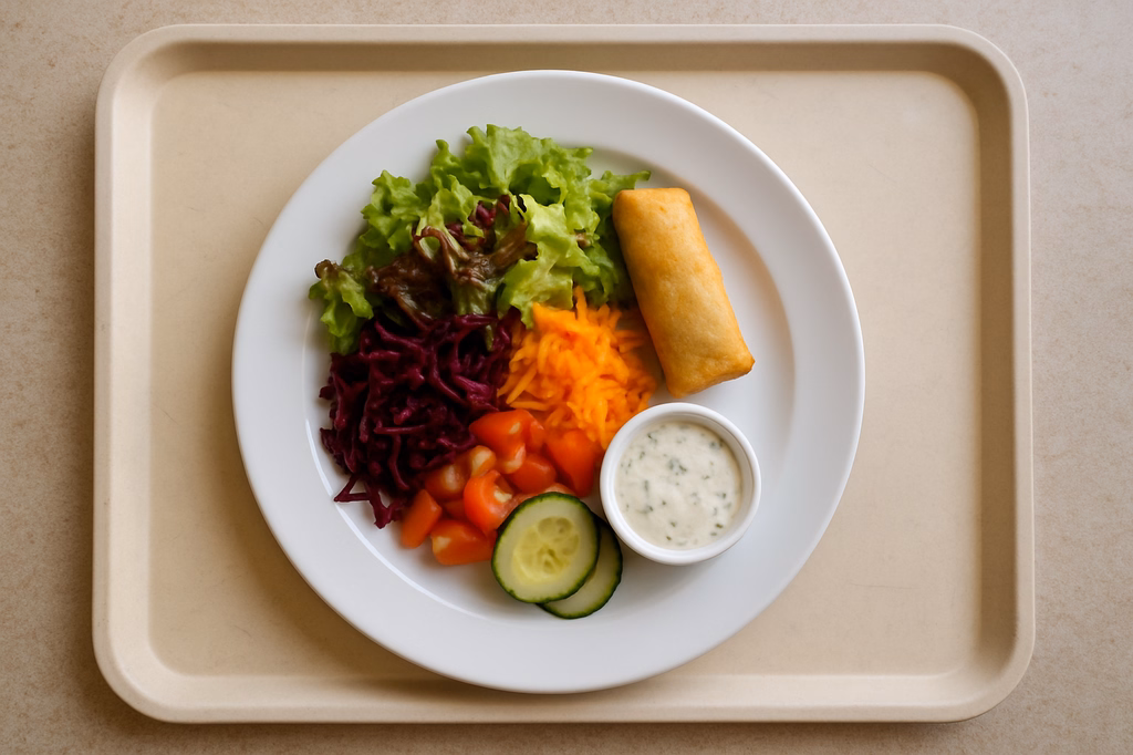 Winterlicher Salatteller mit Mini-Frühlingsrolle und Kräuterdip (AI Generated)