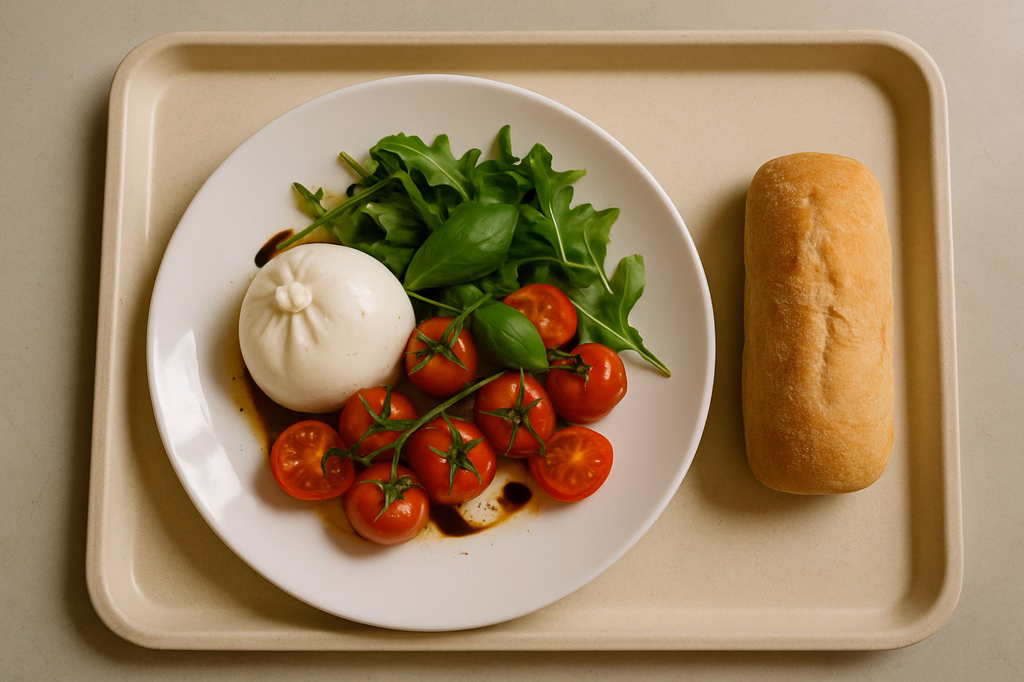 Burrata mit Strauchtomaten, Rucola, frischem Basilikum, Olivenöl & Balsamico dazu ein Ciabatta (AI Generated)