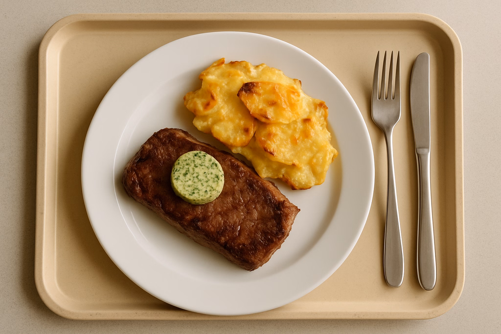 Rumpsteak vom Grill medium gebraten mit hausgemachter Bärlauchbutter Kartoffelgratin (AI Generated)