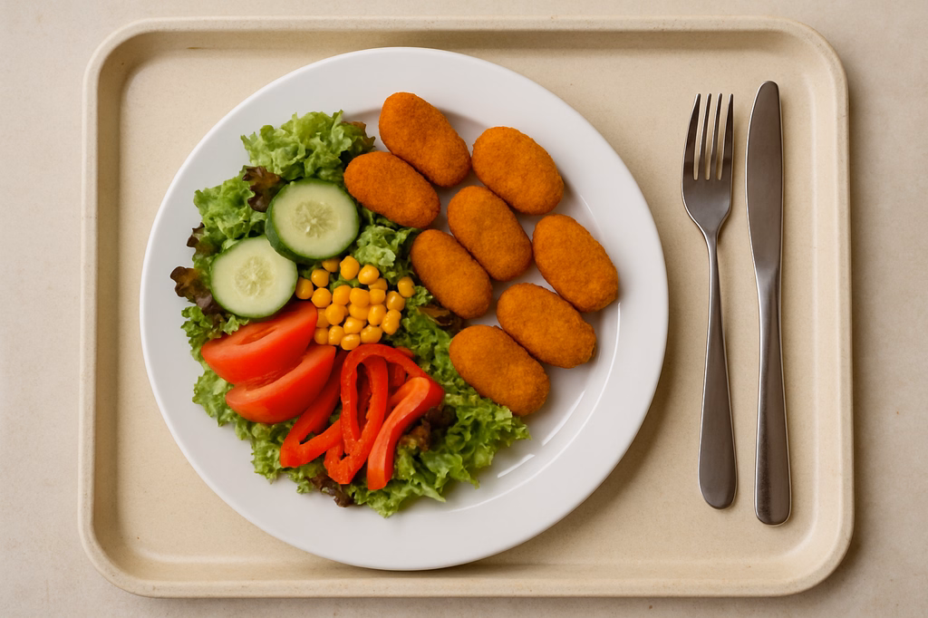 Sommerlicher Salatteller mit Spicy Chili Cheese Nuggets (AI Generated)