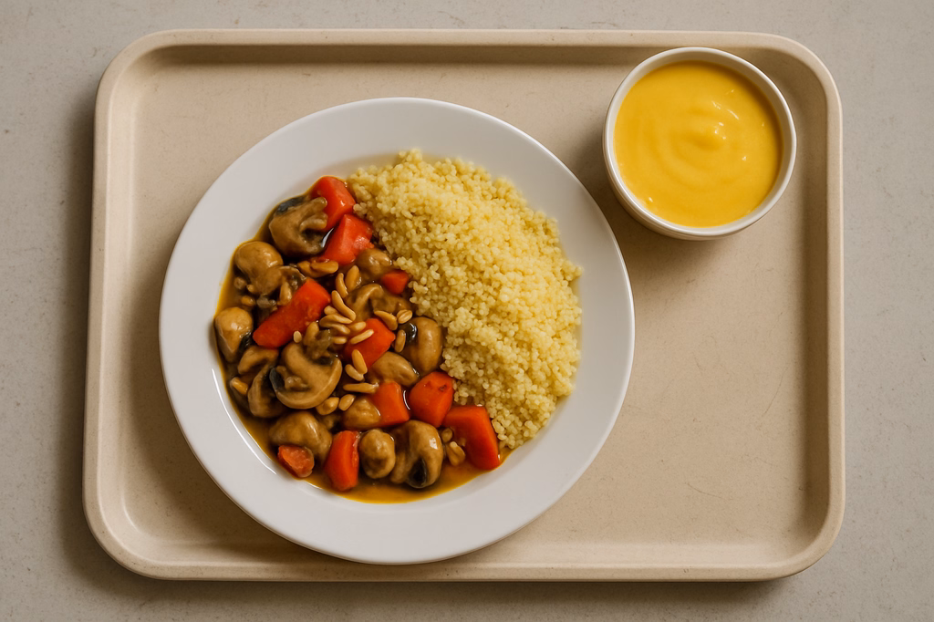 mensaVital: Pilzpfanne mit Paprika und Mandelstiften, dazu Couscous und Fruchtjoghurt Mango (AI Generated)