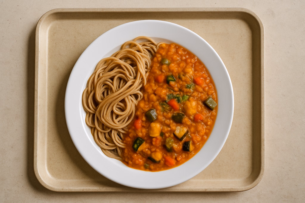 mensaVital: Vollkornspaghetti mit veganem Ragout von roten Linsen, mediterranem Gemüse & Kräutern (AI Generated)
