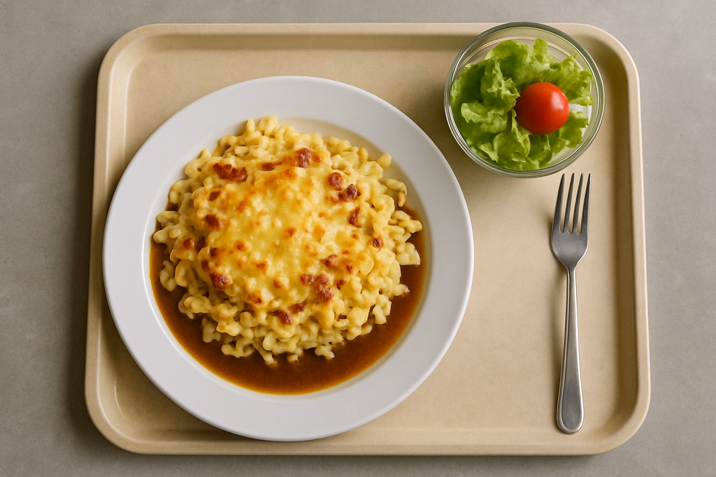 Käsespätzle mit Speck und Bergkäse überbacken Bratenjus (AI Generated)