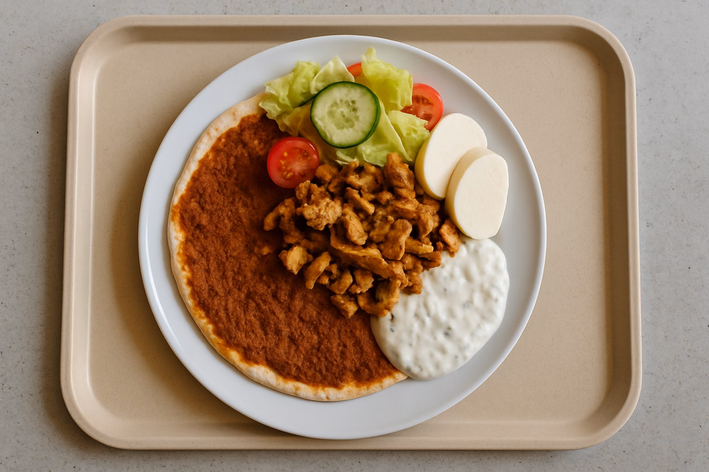 Lahmacun mit Hähnchenkebab, Mozzarella, Salat und hausgemachtem Tsatsiki (AI Generated)