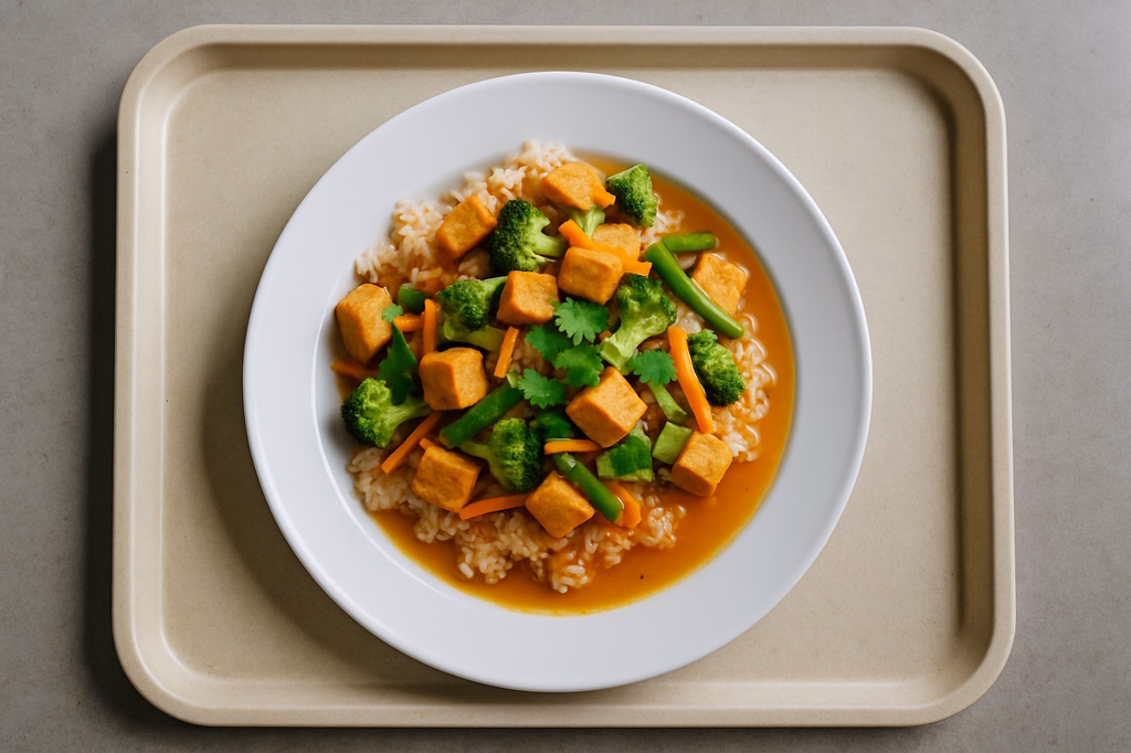 Asia Reispfanne mit Tofu, frischem Gemüse, Koriander und Soße zur Auswahl Asia süß-saure Soße Thai Kokoscurrysoße (AI Generated)