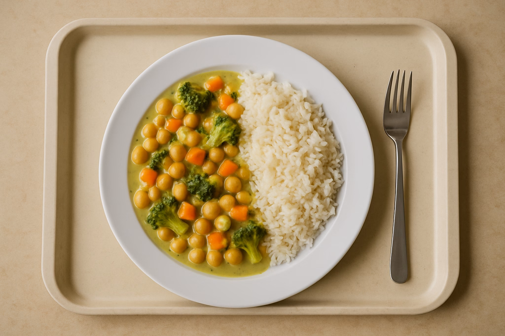 mensaVital: Vegane Kichererbsen Gemüsepfanne in milder grüner Currycreme & Basmatireis (AI Generated)