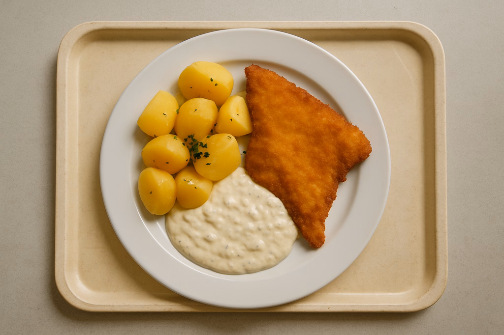 Gebackenes Schollenfilet mit Dampfkartoffeln und hausgemachter Remouladensoße (AI Generated)