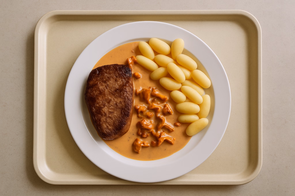 Rumpsteak vom Grill medium gebraten mit Rahmsoße von frischen Pfifferlingen Kartoffelgnocchi (AI Generated)