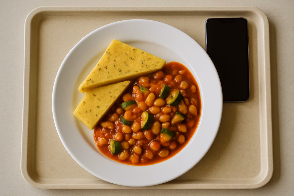 mensaVital: Veganes mediterranes Bohnen Zucchini Ragout dazu gekräuterte Polenta (AI Generated)