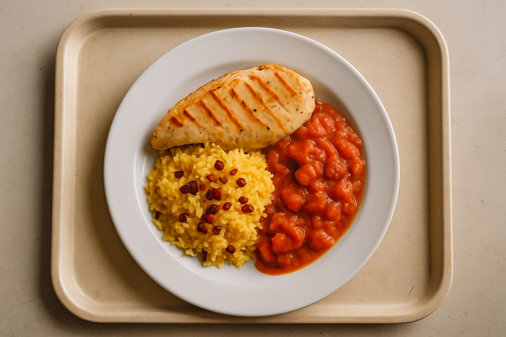 Gegrilltes frisches Maishähnchenbrustfilet orientalisches Tomatenragout Persischer Safranreis mit Berberitze (AI Generated)