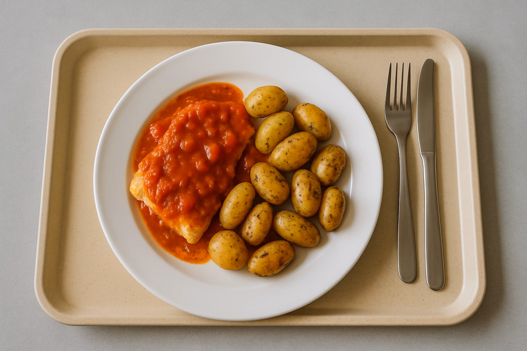 mensaVital: Seelachs "Provenciale" dazu Rosmarinkartoffeln (AI Generated)