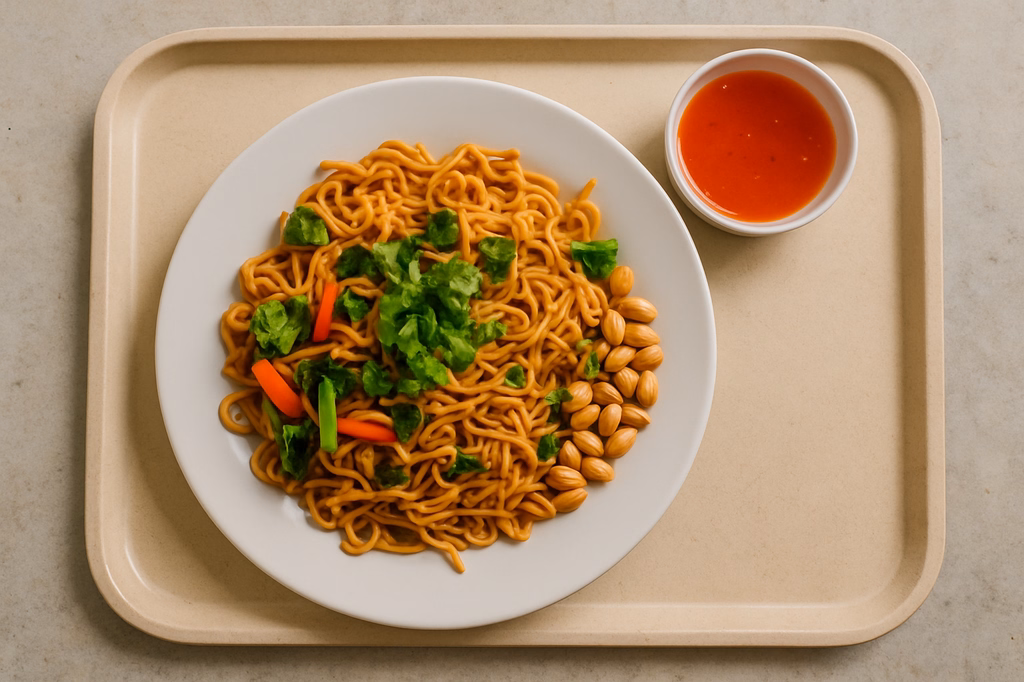 Gebratene Mienudeln "Asia Style" mit frischem Gemüse & Koriander, sweet Chili Dip & Erdnüssen (AI Generated)