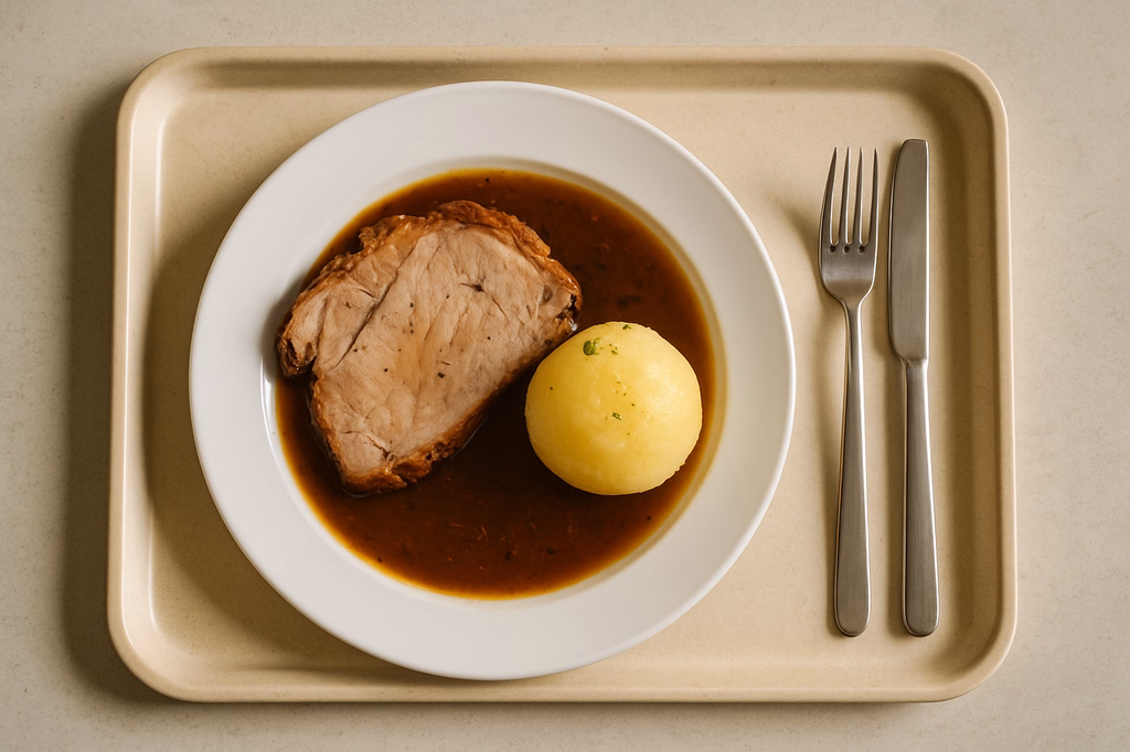 Ofenfrischer Spießbraten an Kümmeljus Kartoffelkloß (AI Generated)