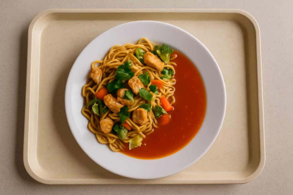 Asia Nudelpfanne mit Hähnchen, Gemüse, Koriander und Soße zur Auswahl Süß-saure Soße Kokoscurrysoße (AI Generated)