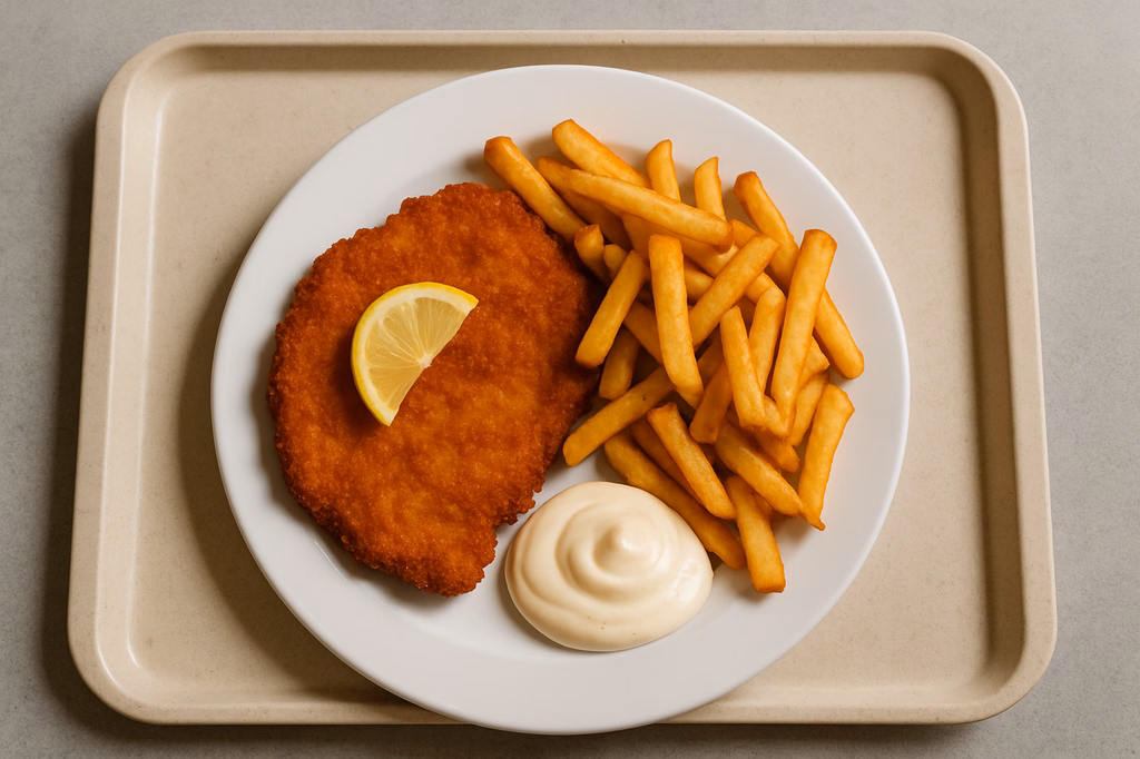 XXL Knusperschnitzel vom Schweinelachs mit Zitrone Super Crunch Pommes frites und Mayo - Dip Soße (AI Generated)