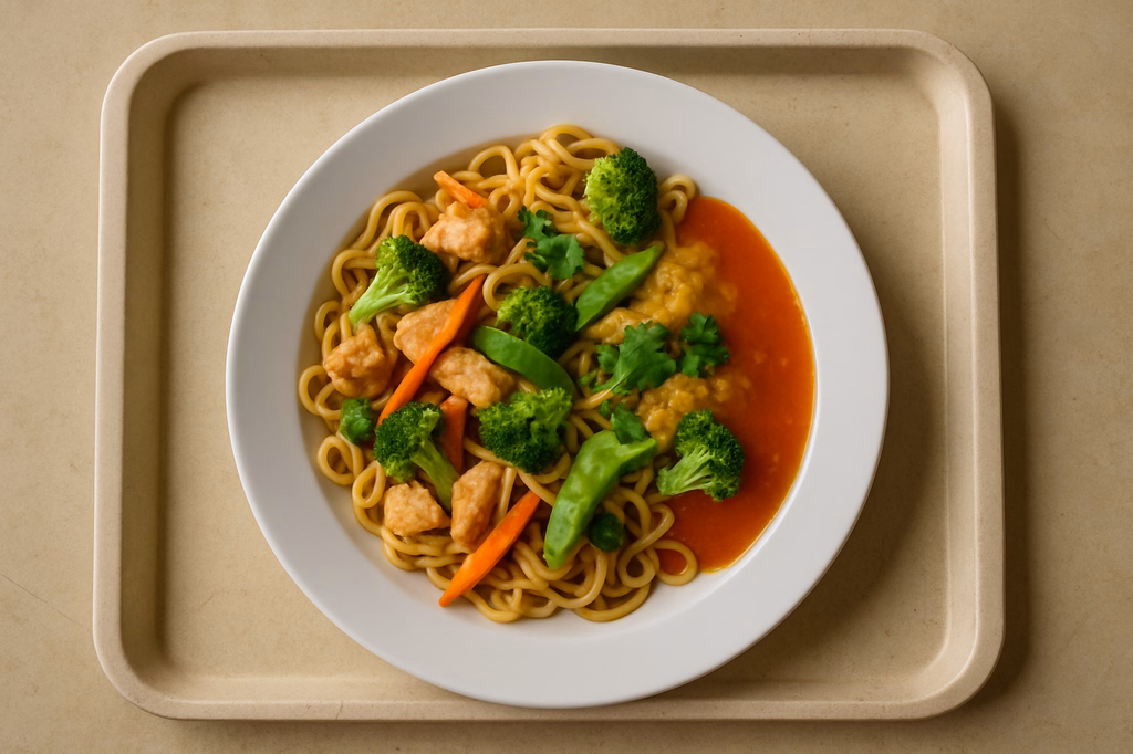 Asia Nudelpfanne mit Hähnchen, frischem Gemüse, Koriander und Soße zur Auswahl Asia süß-saure Soße Thai Kokoscurrysoße (AI Generated)