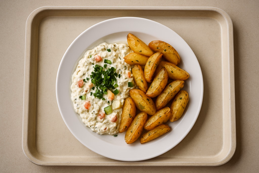 Hausgemachter mediterraner Quark mit Gemüse & frischen Kräutern Rosmarinkartoffeln (AI Generated)