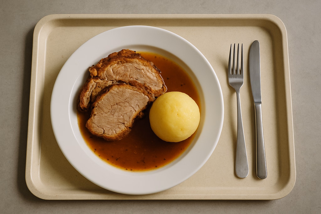 Ofenfrischer Spießbraten mit Kümmeljus, dazu Kartoffelkloß (AI Generated)