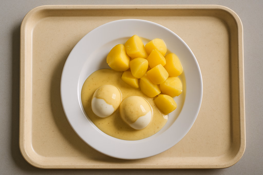 Zwei Eier in Senfsoße dazu Dampfkartoffeln (AI Generated)