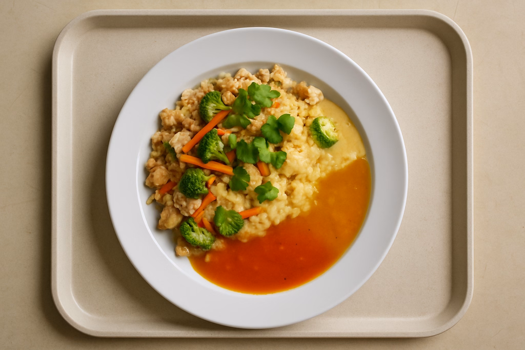 Asia Reispfanne mit Hähnchen, frischem Gemüse, Koriander und freier Soßenauswahl Asia süß-saure Soße Thai Kokoscurrysoße (AI Generated)