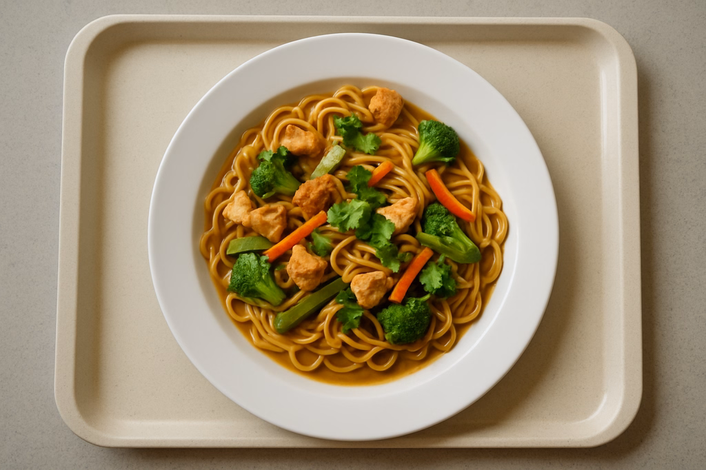 Asia Nudelpfanne mit Hähnchen, frischem Gemüse, Koriander und Erdnusssoße (AI Generated)