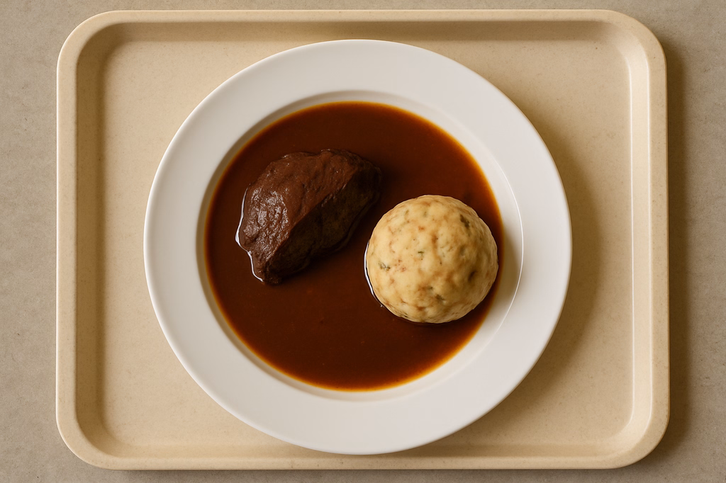 Geschmorte Rinderbäckchen in Portweinjus, dazu Semmelknödel (AI Generated)