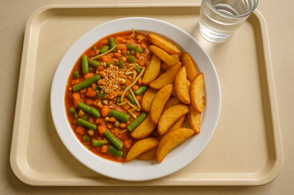 mensaVital: Bohnen - Gemüse - Ragout mit Sojasprossen, Erdnüssen und Sesam mit Kartoffelwedges (AI Generated)
