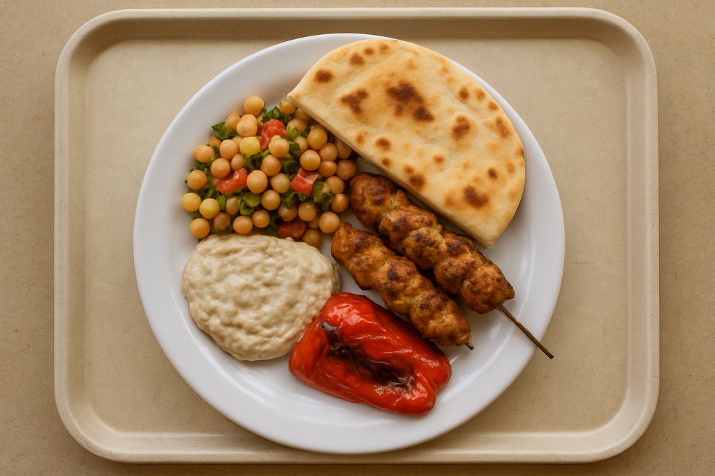 "Hatayli Mezze" orientalischer Vorspeisenteller Hähnchen Kebab "Baba Ganoush" mit Fladenbrot gegrillter Paprika (AI Generated)