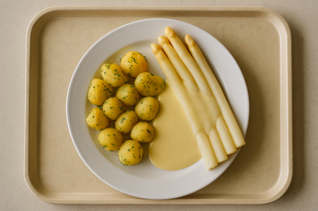 Frischer Spargel vom fränkischen Spargelbauer veganer Soße Gekräuterte Kartoffeln (AI Generated)