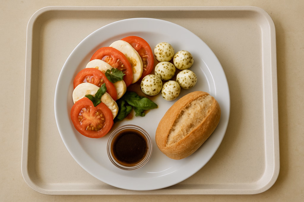 Italienischer Salat "Caprese" mit marinierten Mozzarella & toskanischen Brötchen mit veganen Basamico Dressing (AI Generated)