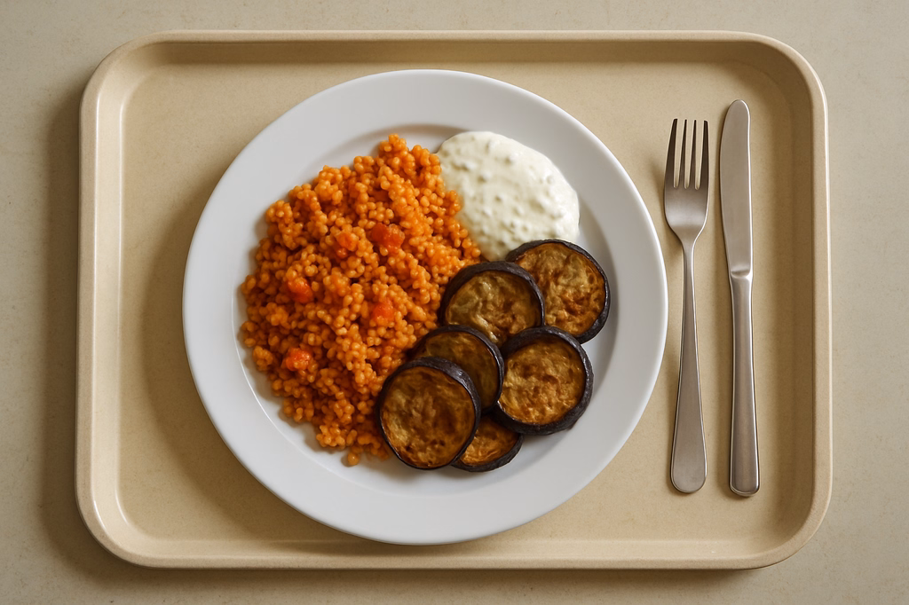 Bulgur mit Tomaten, Auberginen und veganem Zitronendip (AI Generated)