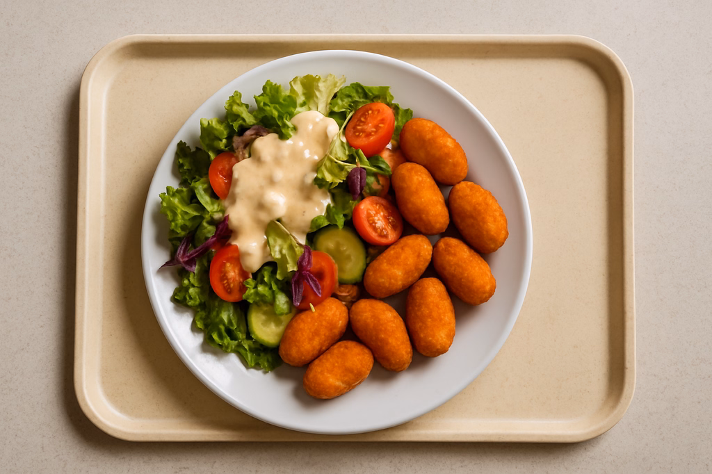 Große bunte saisonal frische Marktsalate mit hausgemachtem Ceasar Dressing feurige Chili Cheese Nuggets (AI Generated)