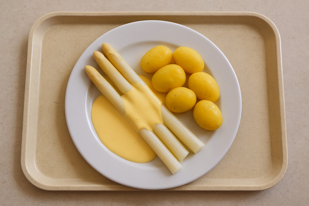 Frischer Spargel vom fränkischen Spargelbauer mit Hollandaise dazu Dampfkartoffeln (AI Generated)