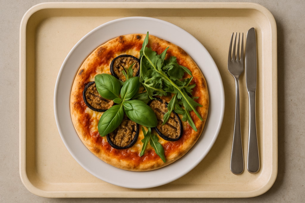 Pizza "Melanzane" mit gegrillten Auberginen, frischem Basilikum & Rucola (AI Generated)